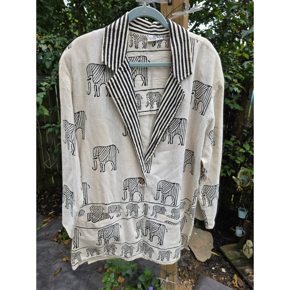 Vintage Elephant Print Cotton Blazer Jacket Cream Black Striped Lapel Large